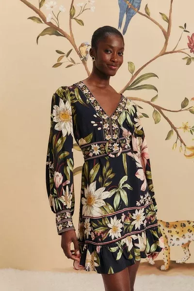 Surreal Flowers Black Long Sleeve Mini Dress